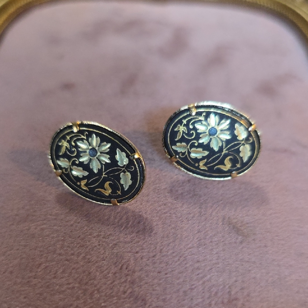 Vintage Damascene Oval Black and Gold Floral Earrings